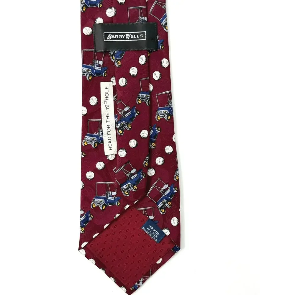 Vintage 90s Golf Red Tie Silk Golf Cart Golf Ball Print Made in USA Barry Wells